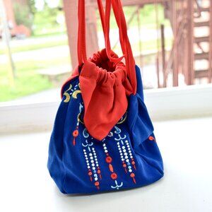 Blue Red Cotton Flora Embroidered Handbag - Hanfu Bag Chinese Costume Accessory